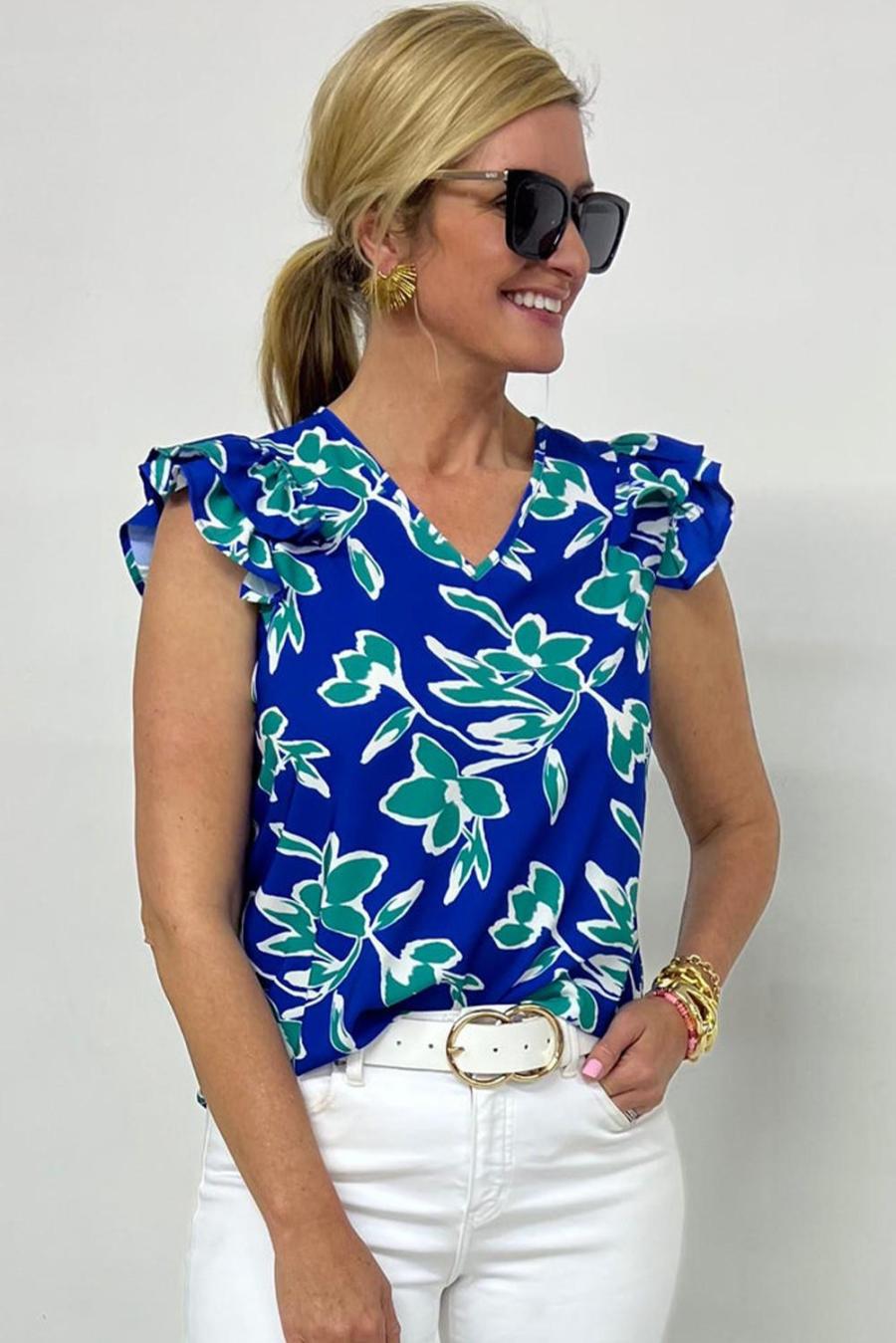 Women Blouses | Blue V Neck Floral Print Ruffle Short Sleeve Blouse