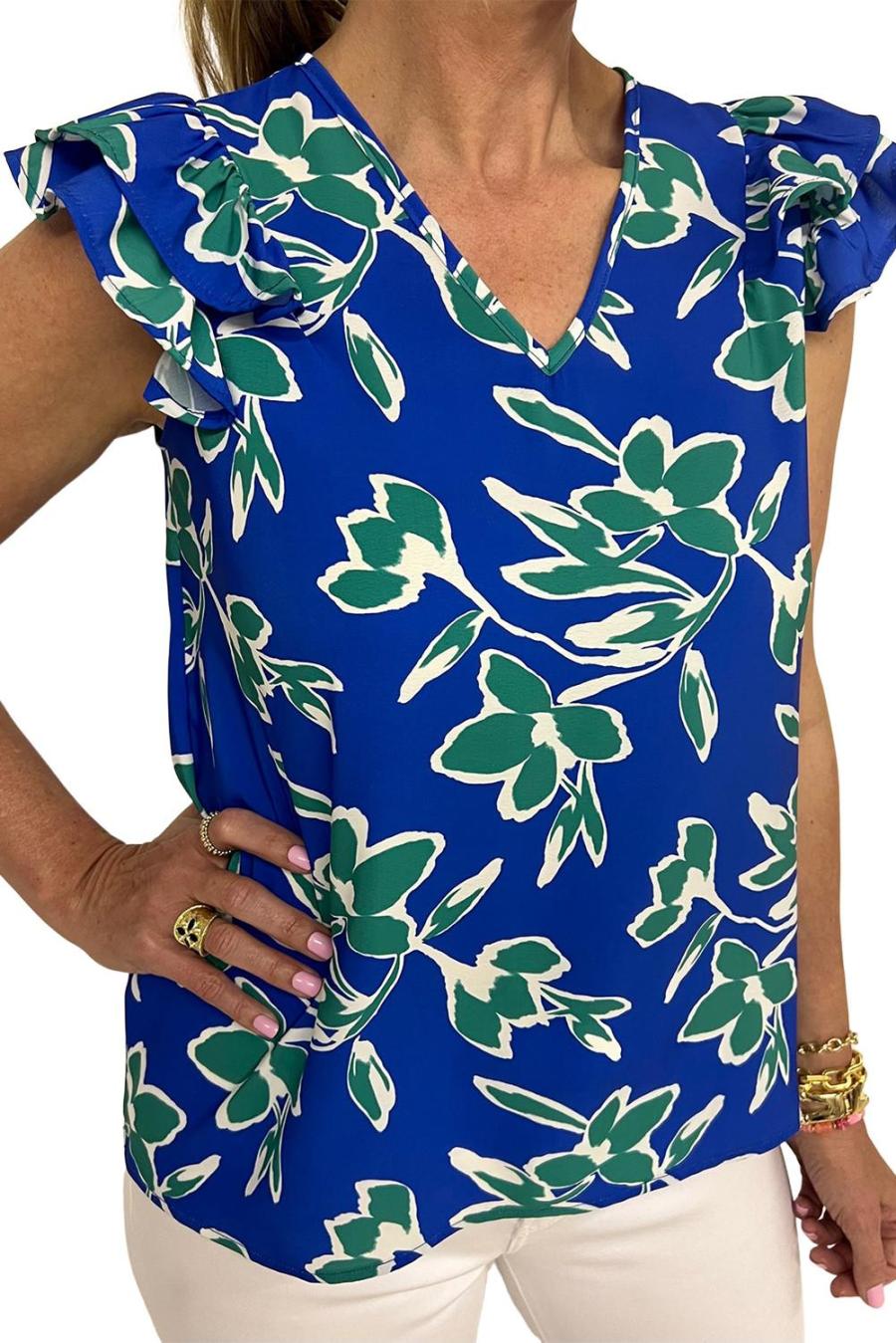 Women Blouses | Blue V Neck Floral Print Ruffle Short Sleeve Blouse