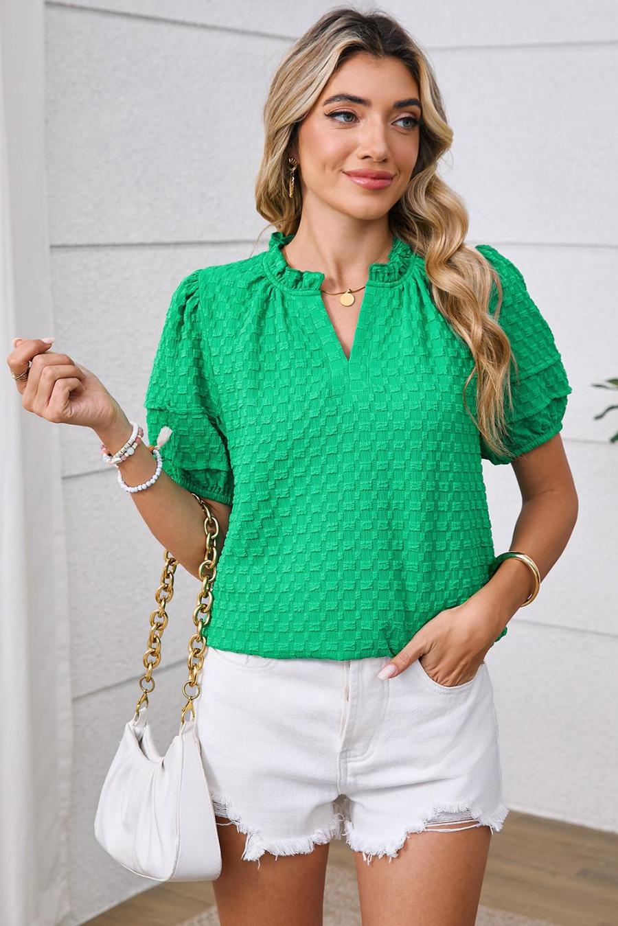 Women Blouses | Bright Green Textured Puff Short Sleeve Notched V Neck Top