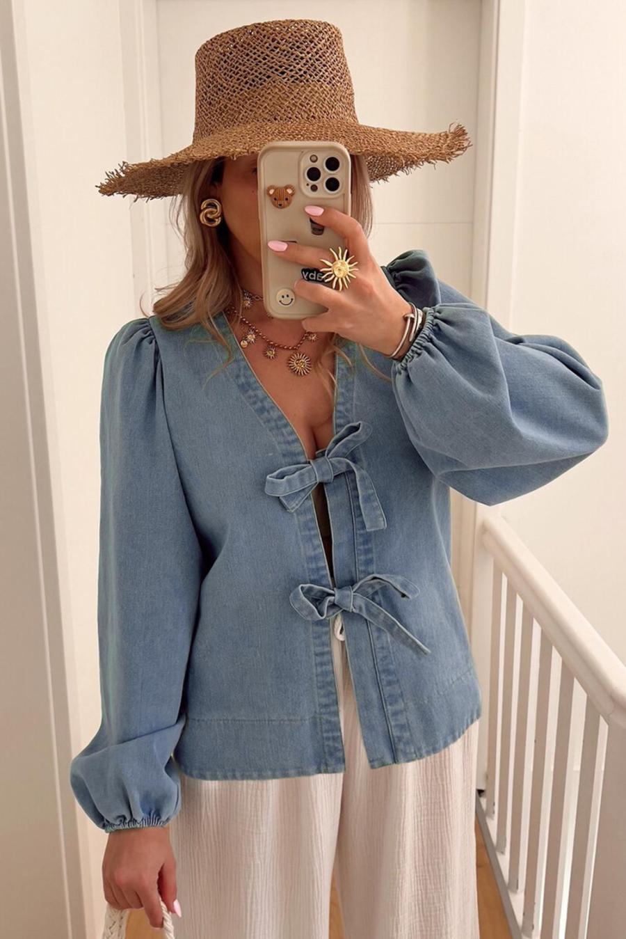 Women Blouses | Dusk Blue Bow Tie Front Puff Sleeve Denim Top