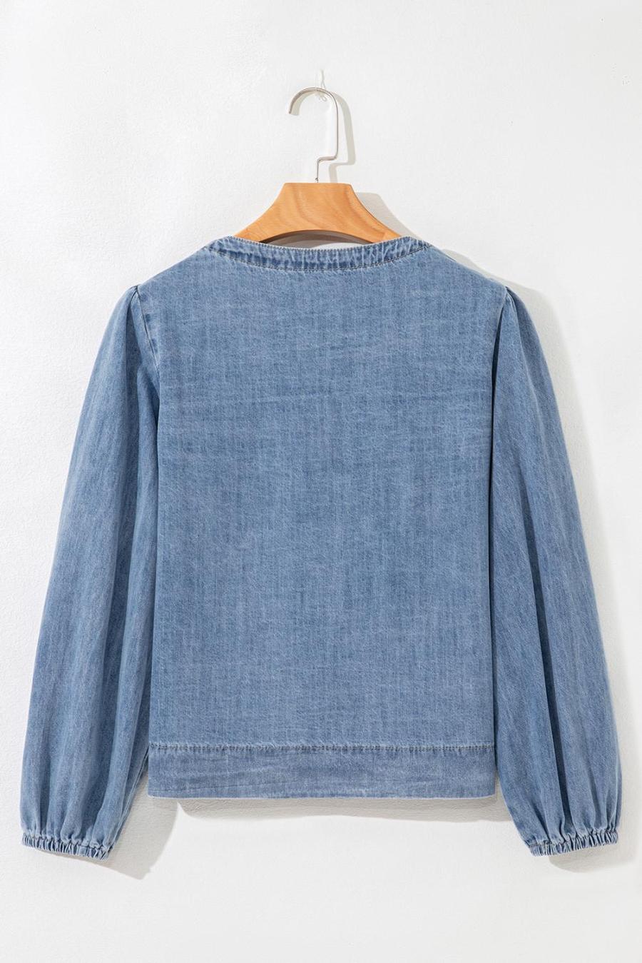 Women Blouses | Dusk Blue Bow Tie Front Puff Sleeve Denim Top