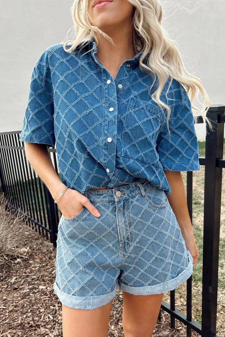 Women Blouses | Dusk Blue Checkered Textured Short Sleeve Pocket Denim Shirt