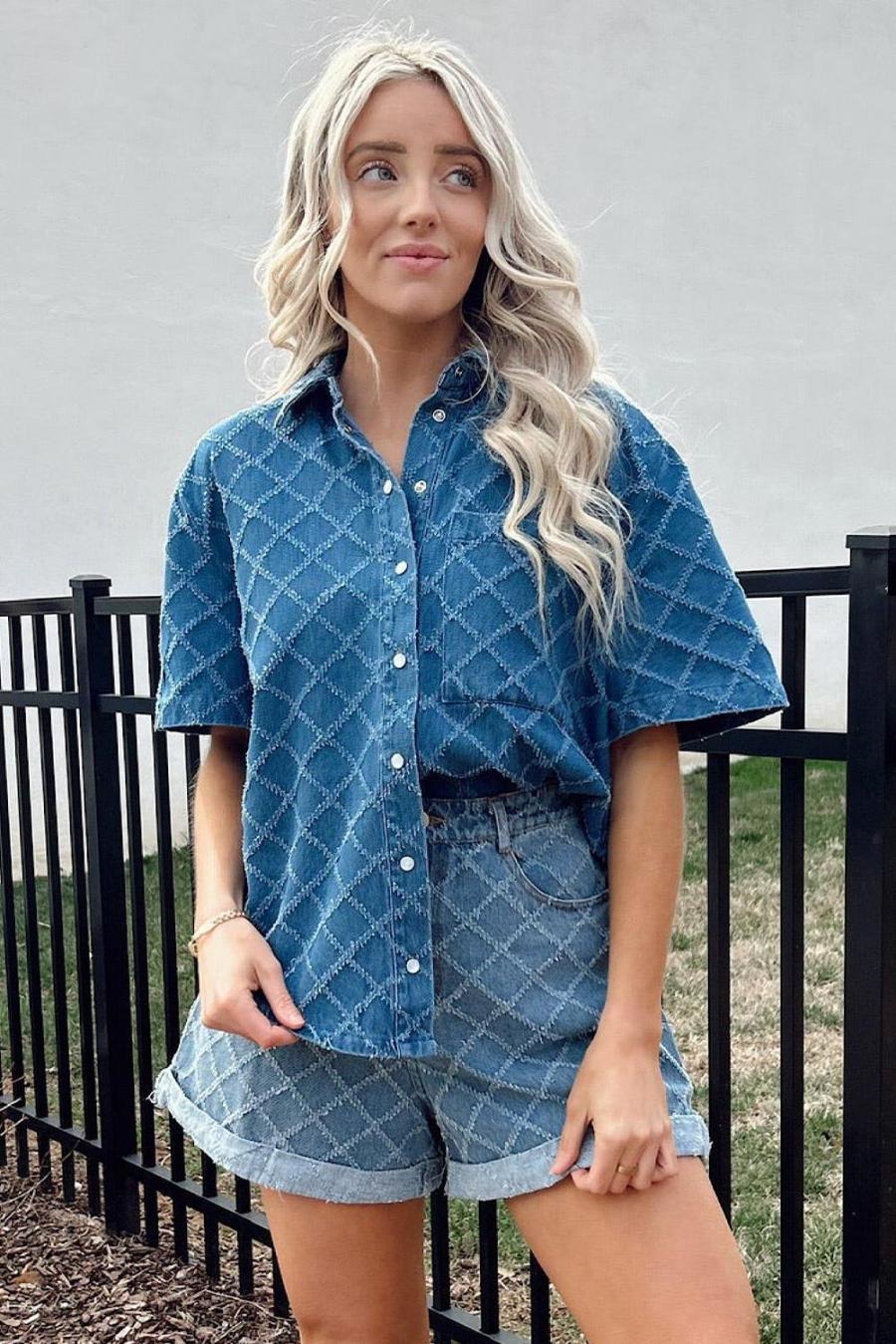 Women Blouses | Dusk Blue Checkered Textured Short Sleeve Pocket Denim Shirt