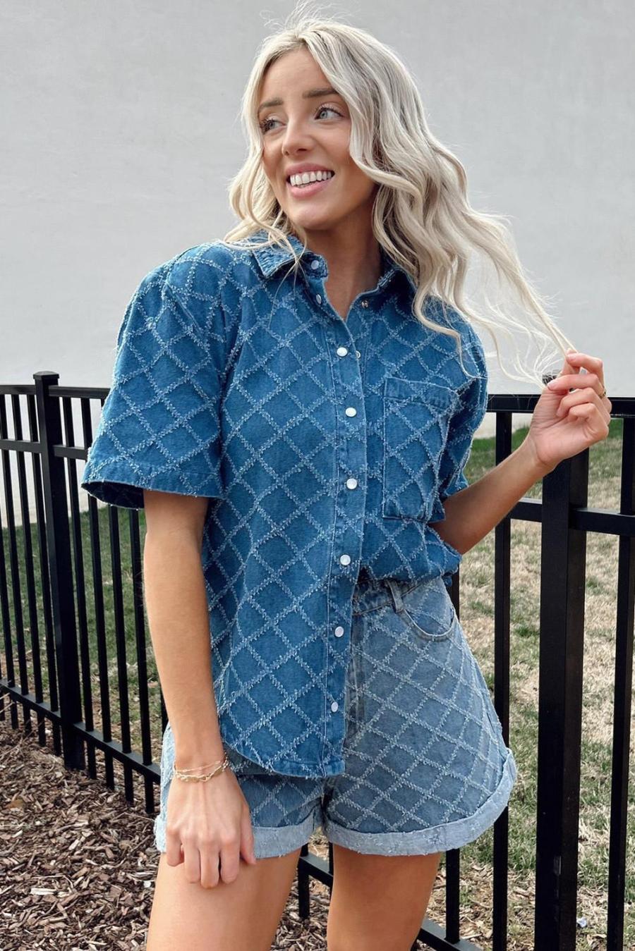 Women Blouses | Dusk Blue Checkered Textured Short Sleeve Pocket Denim Shirt