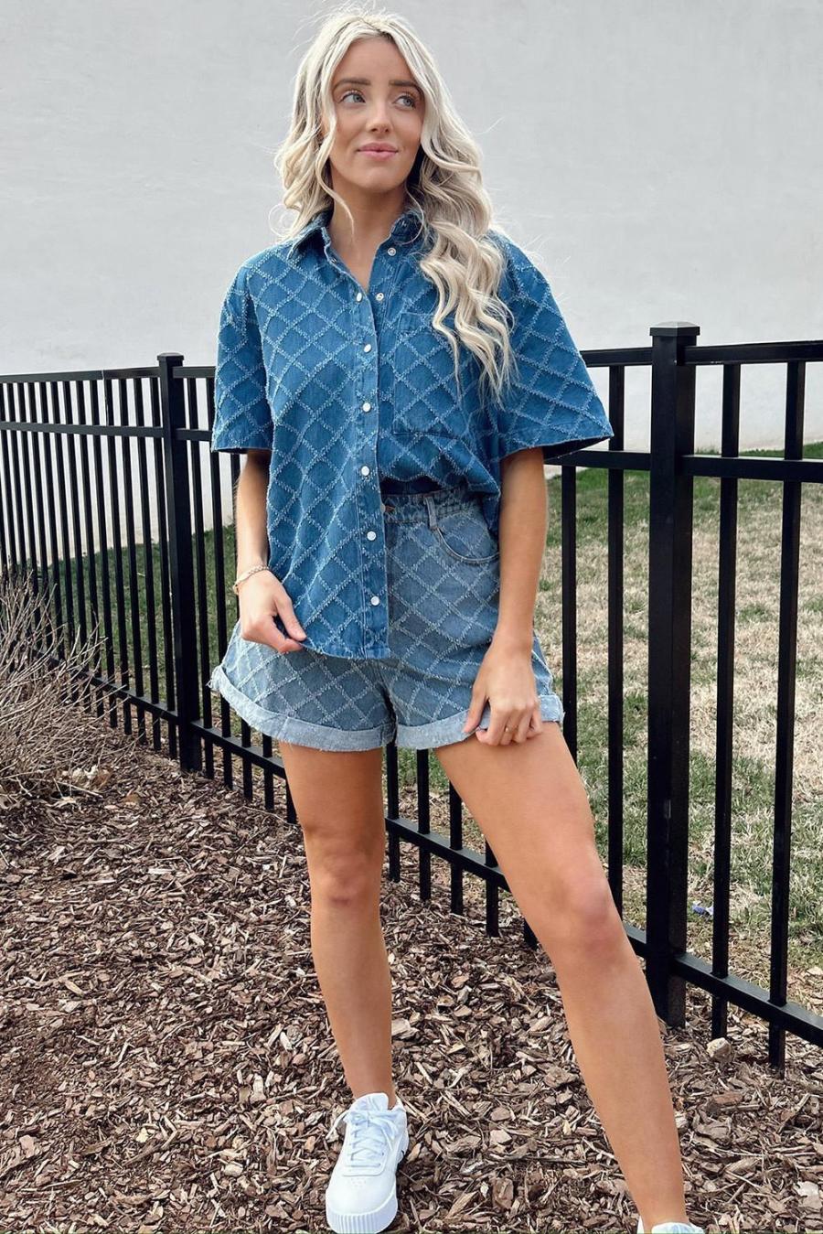 Women Blouses | Dusk Blue Checkered Textured Short Sleeve Pocket Denim Shirt