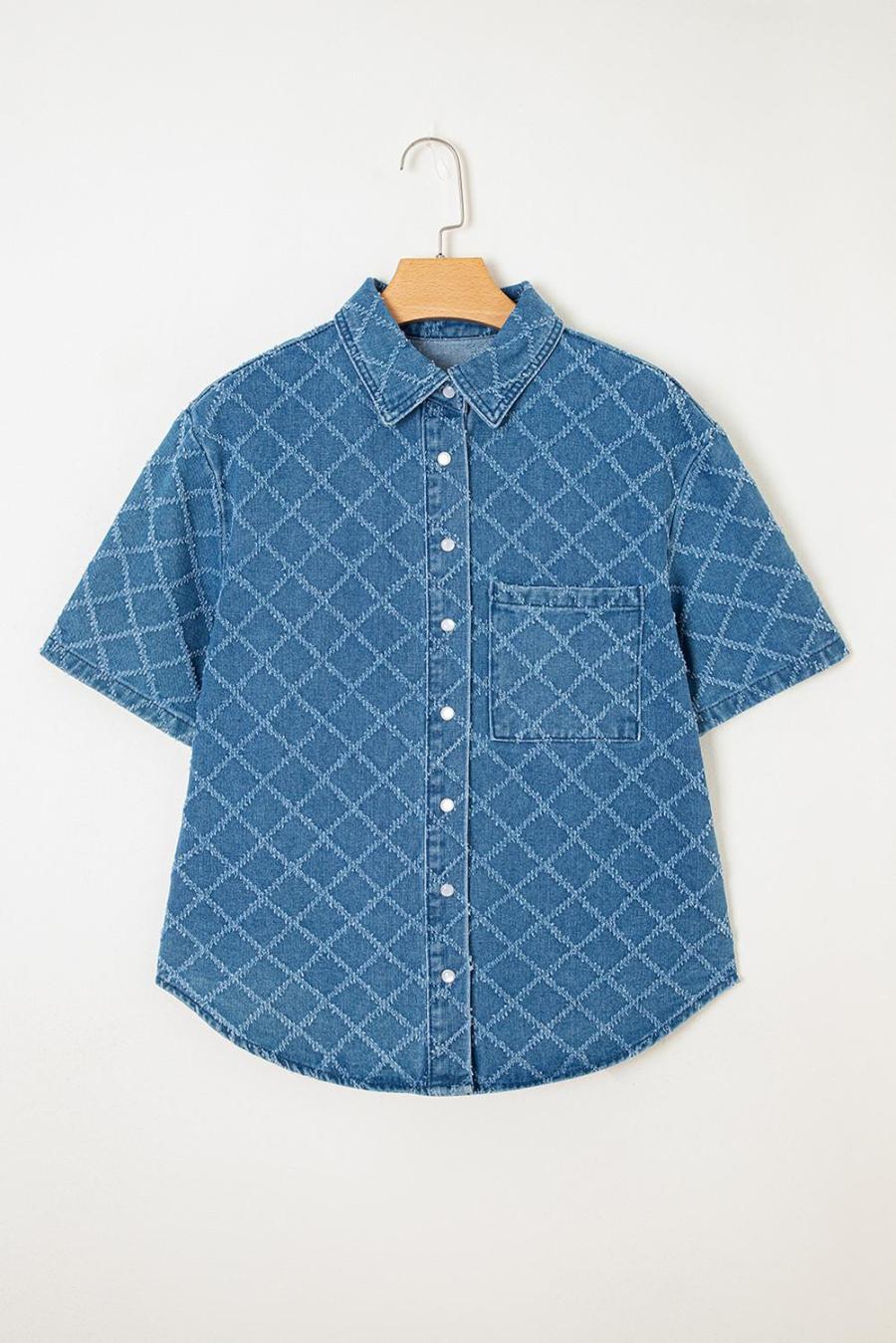 Women Blouses | Dusk Blue Checkered Textured Short Sleeve Pocket Denim Shirt