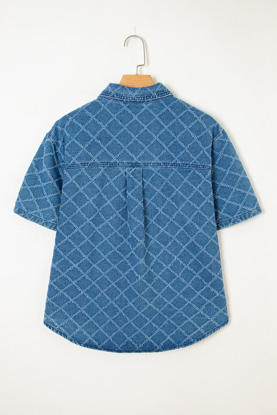 Women Blouses | Dusk Blue Checkered Textured Short Sleeve Pocket Denim Shirt