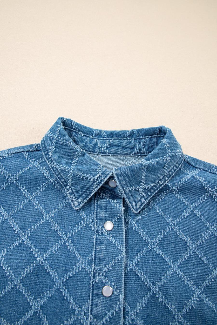 Women Blouses | Dusk Blue Checkered Textured Short Sleeve Pocket Denim Shirt
