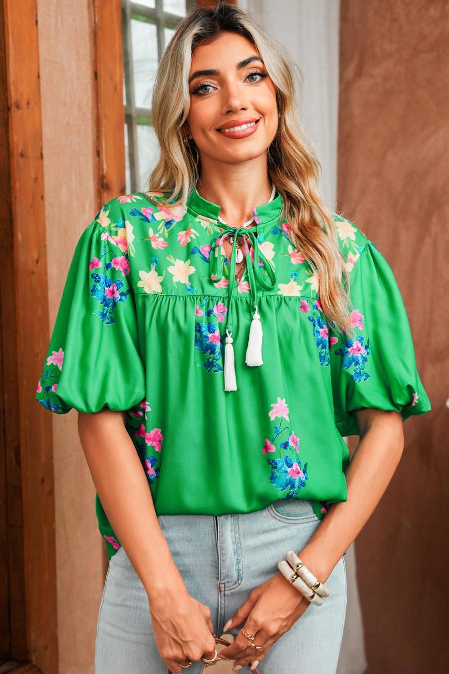 Women Blouses | Green Floral Detail Tie Split Neck Puff Sleeve Blouse