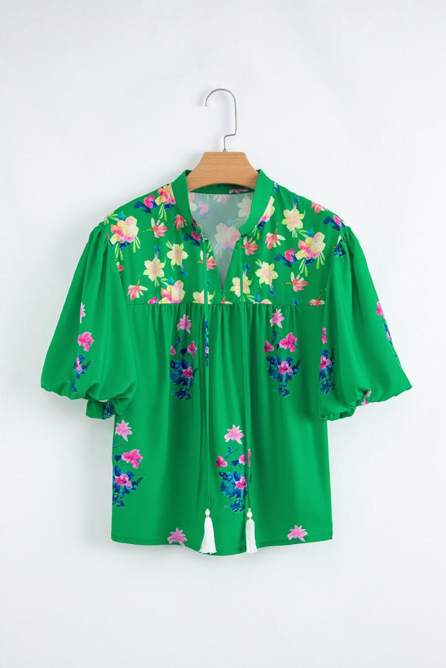 Women Blouses | Green Floral Detail Tie Split Neck Puff Sleeve Blouse
