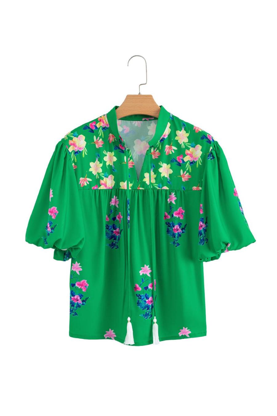 Women Blouses | Green Floral Detail Tie Split Neck Puff Sleeve Blouse