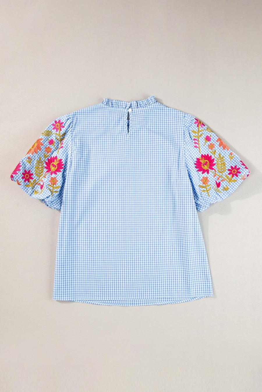 Women Blouses | Light Blue Flower Embroidered Puff Sleeve Gingham Blouse