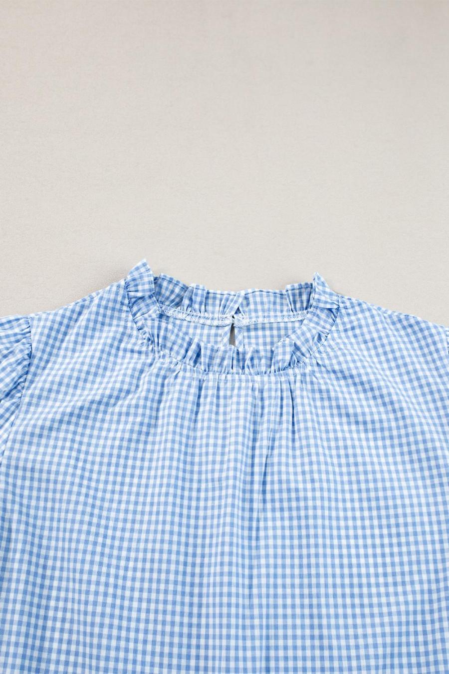 Women Blouses | Light Blue Flower Embroidered Puff Sleeve Gingham Blouse