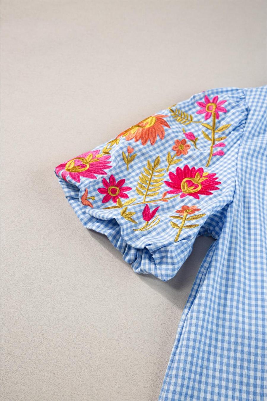 Women Blouses | Light Blue Flower Embroidered Puff Sleeve Gingham Blouse