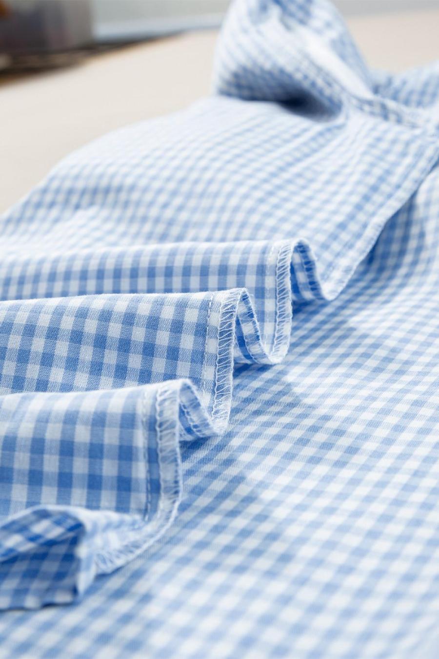 Women Blouses | Light Blue Flower Embroidered Puff Sleeve Gingham Blouse