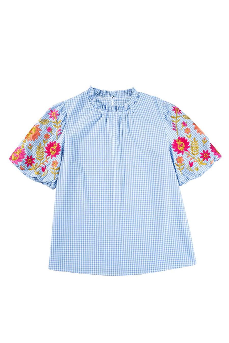 Women Blouses | Light Blue Flower Embroidered Puff Sleeve Gingham Blouse