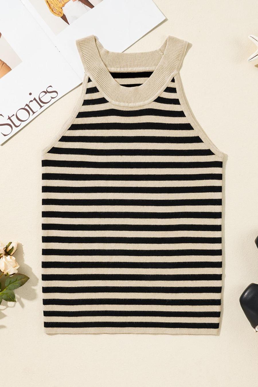 Women Knit Tops | Black Stripe Crew Neck Slim Fit Sweater Vest
