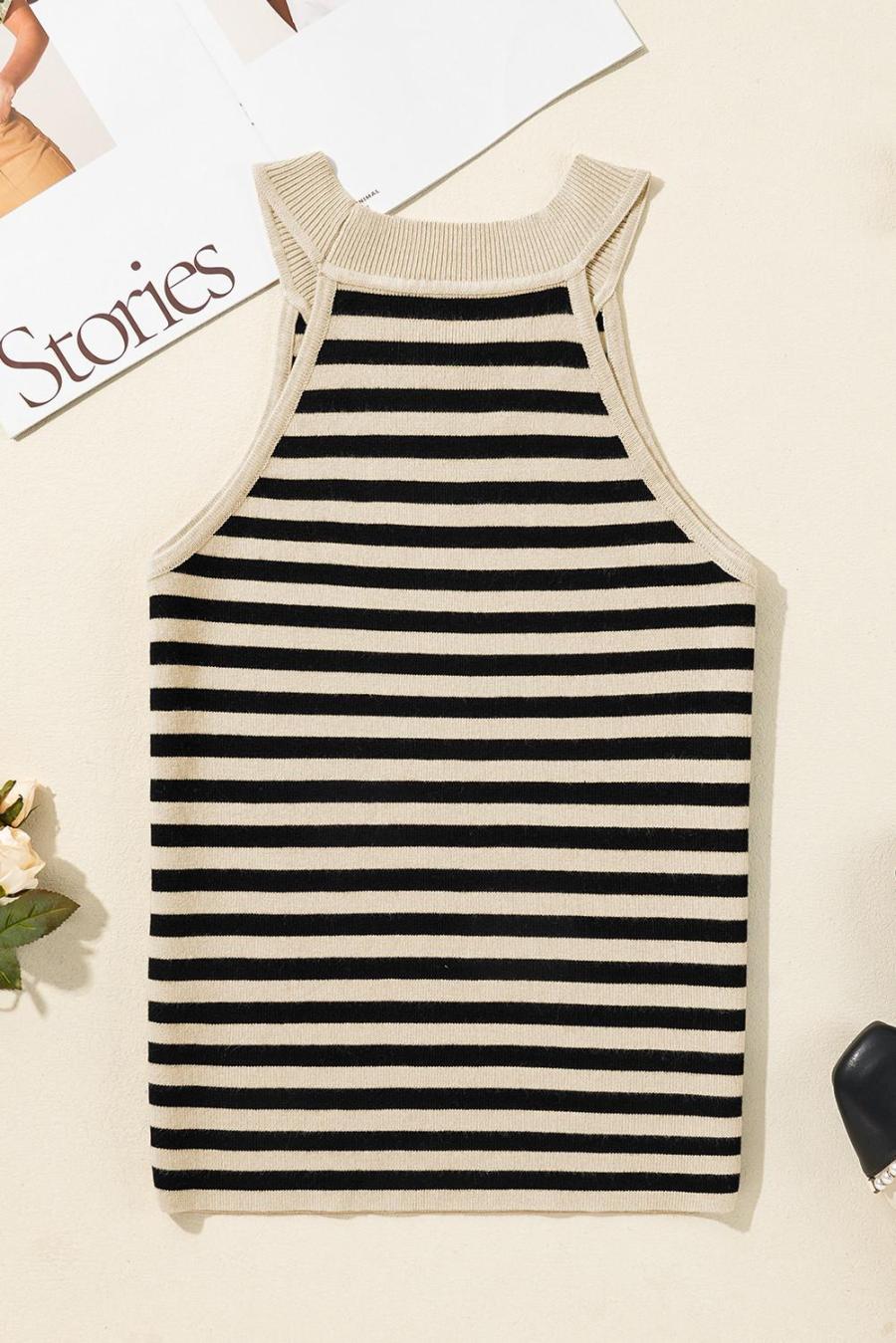 Women Knit Tops | Black Stripe Crew Neck Slim Fit Sweater Vest