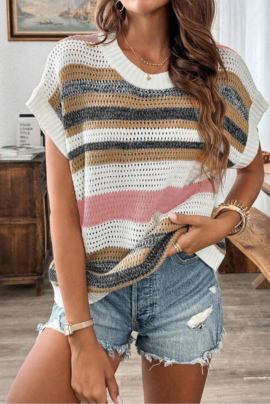 Women Knit Tops | Pink Stripe Colorblock Eyelet Knit Short Sleeve Sweater Tee
