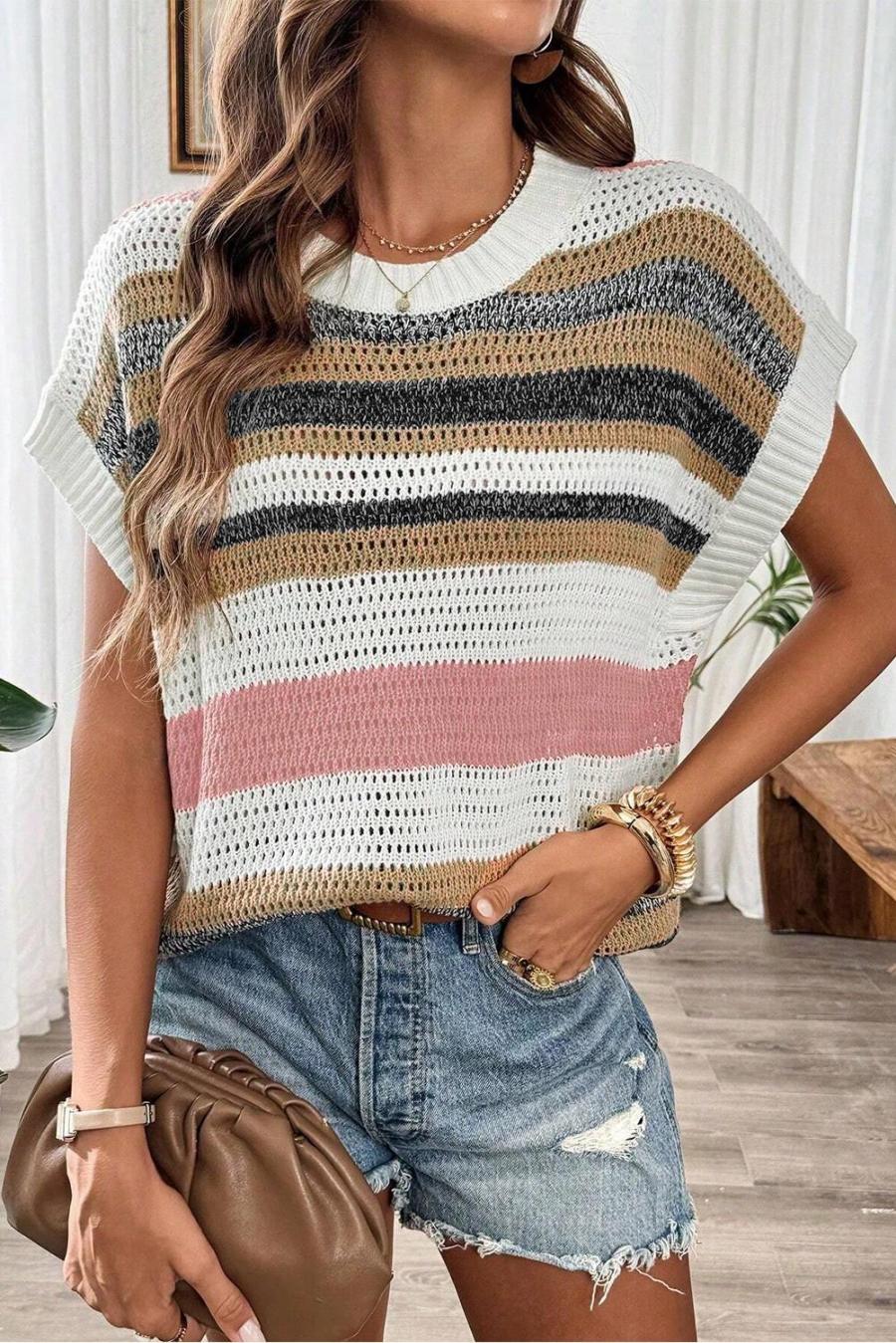 Women Knit Tops | Pink Stripe Colorblock Eyelet Knit Short Sleeve Sweater Tee