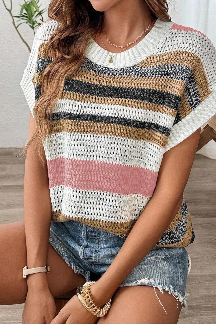 Women Knit Tops | Pink Stripe Colorblock Eyelet Knit Short Sleeve Sweater Tee