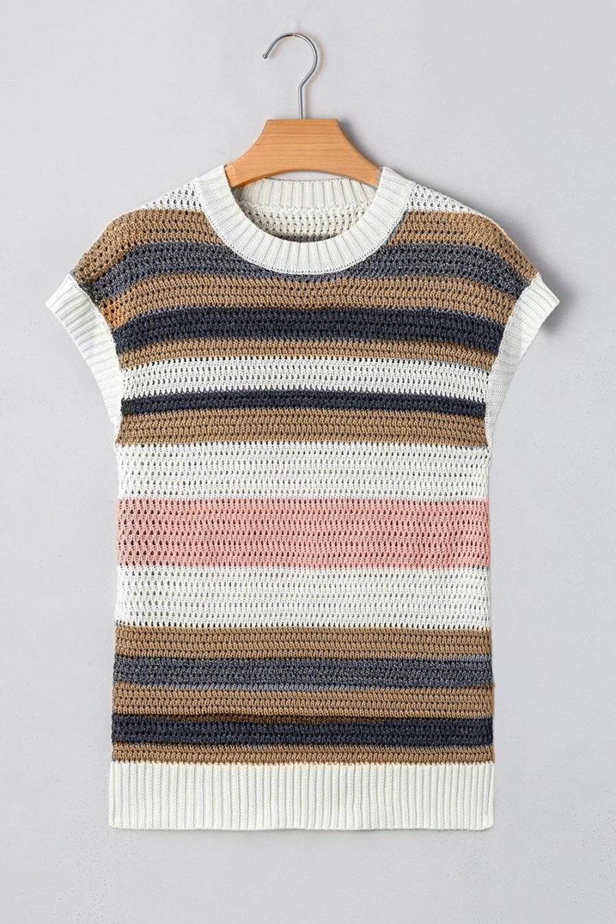 Women Knit Tops | Pink Stripe Colorblock Eyelet Knit Short Sleeve Sweater Tee