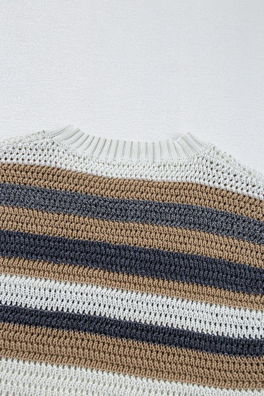 Women Knit Tops | Pink Stripe Colorblock Eyelet Knit Short Sleeve Sweater Tee