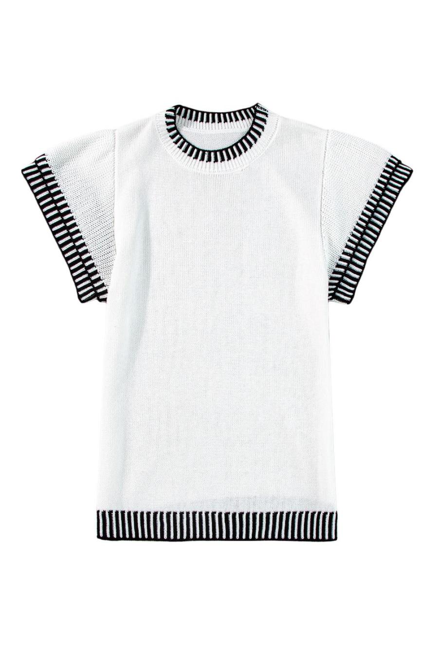 Women Knit Tops | White Contrast Trim Round Neck Batwing Sleeve Knitted T Shirt