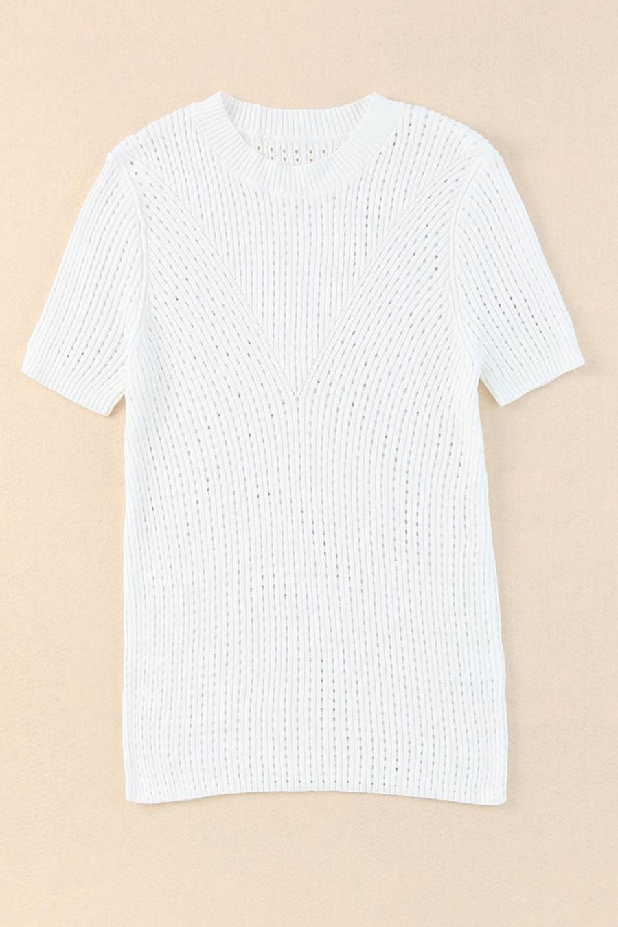 Women Knit Tops | White Hollow Out Crewneck Short Sleeve Knitted Top