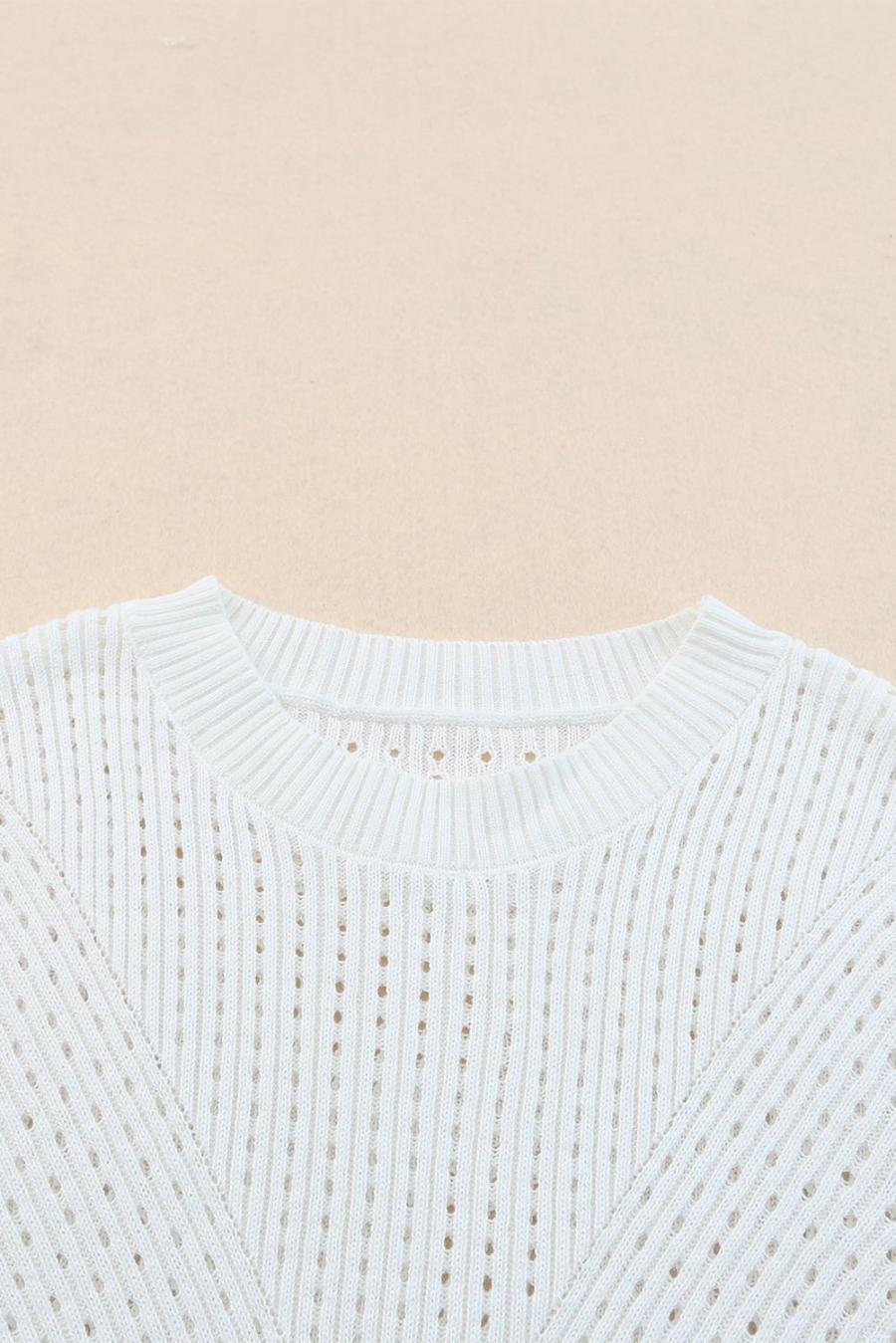 Women Knit Tops | White Hollow Out Crewneck Short Sleeve Knitted Top