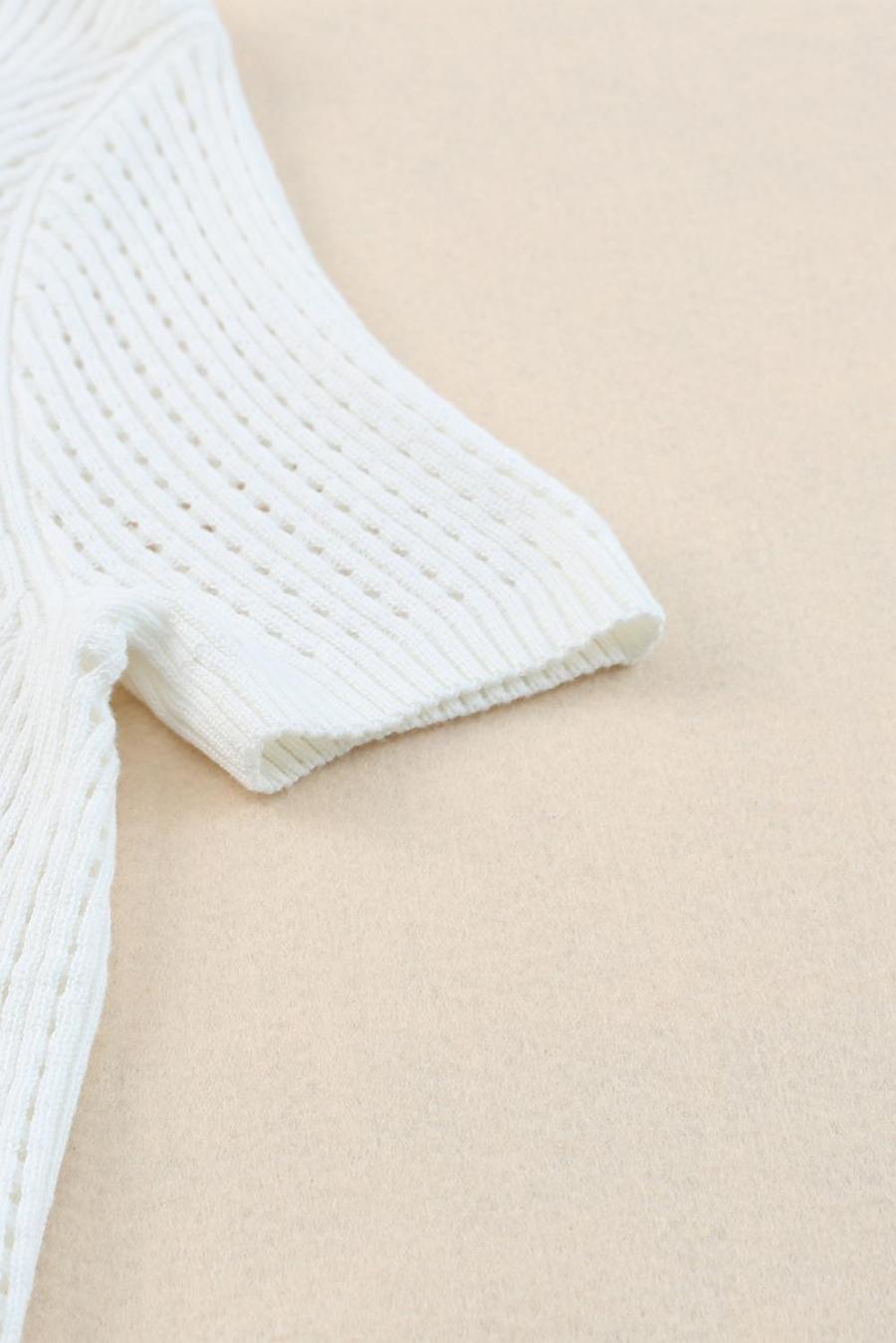 Women Knit Tops | White Hollow Out Crewneck Short Sleeve Knitted Top