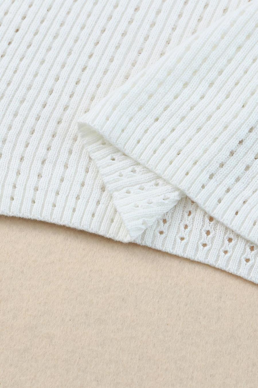 Women Knit Tops | White Hollow Out Crewneck Short Sleeve Knitted Top