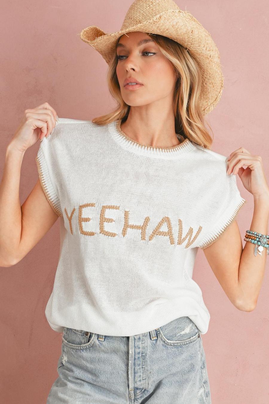 Women Knit Tops | White Yeehaw Contrast Stitch Edge Knit Top