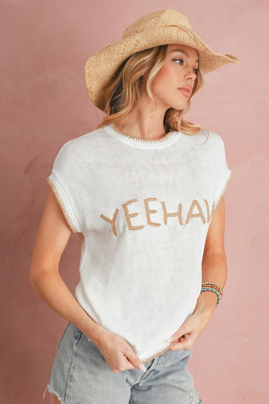 Women Knit Tops | White Yeehaw Contrast Stitch Edge Knit Top