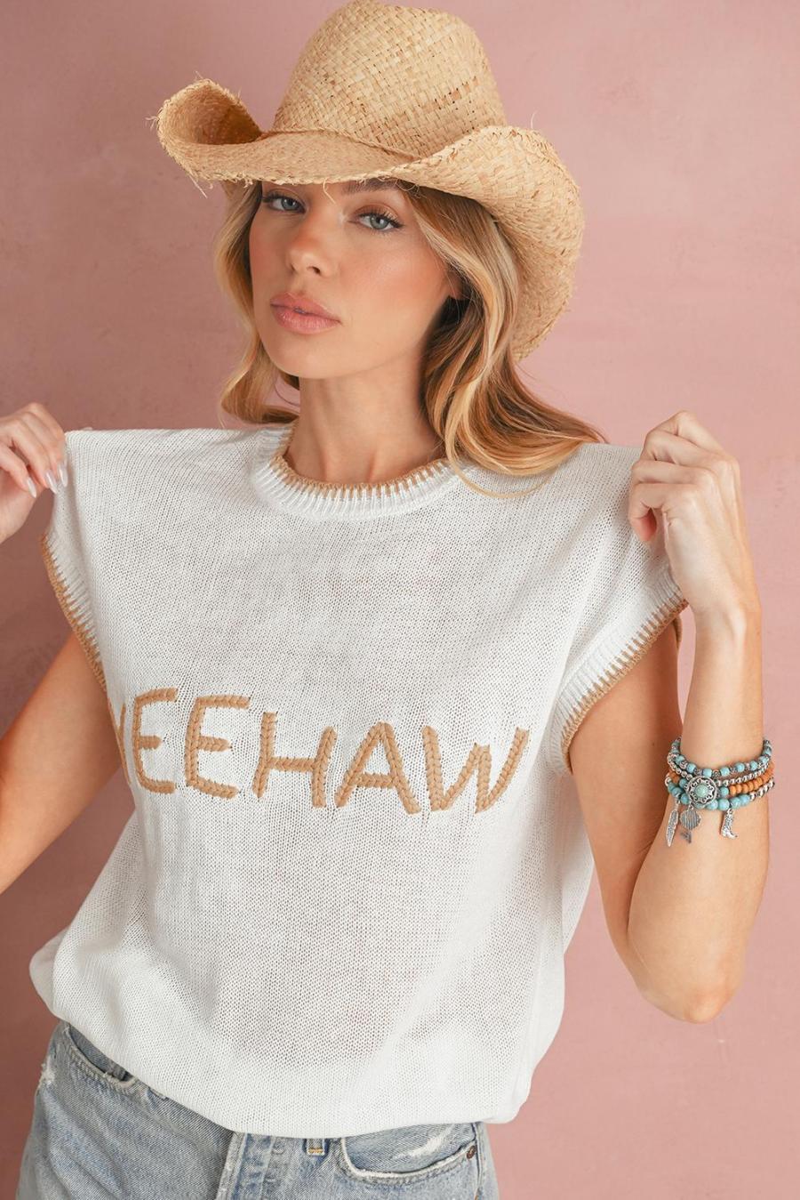Women Knit Tops | White Yeehaw Contrast Stitch Edge Knit Top