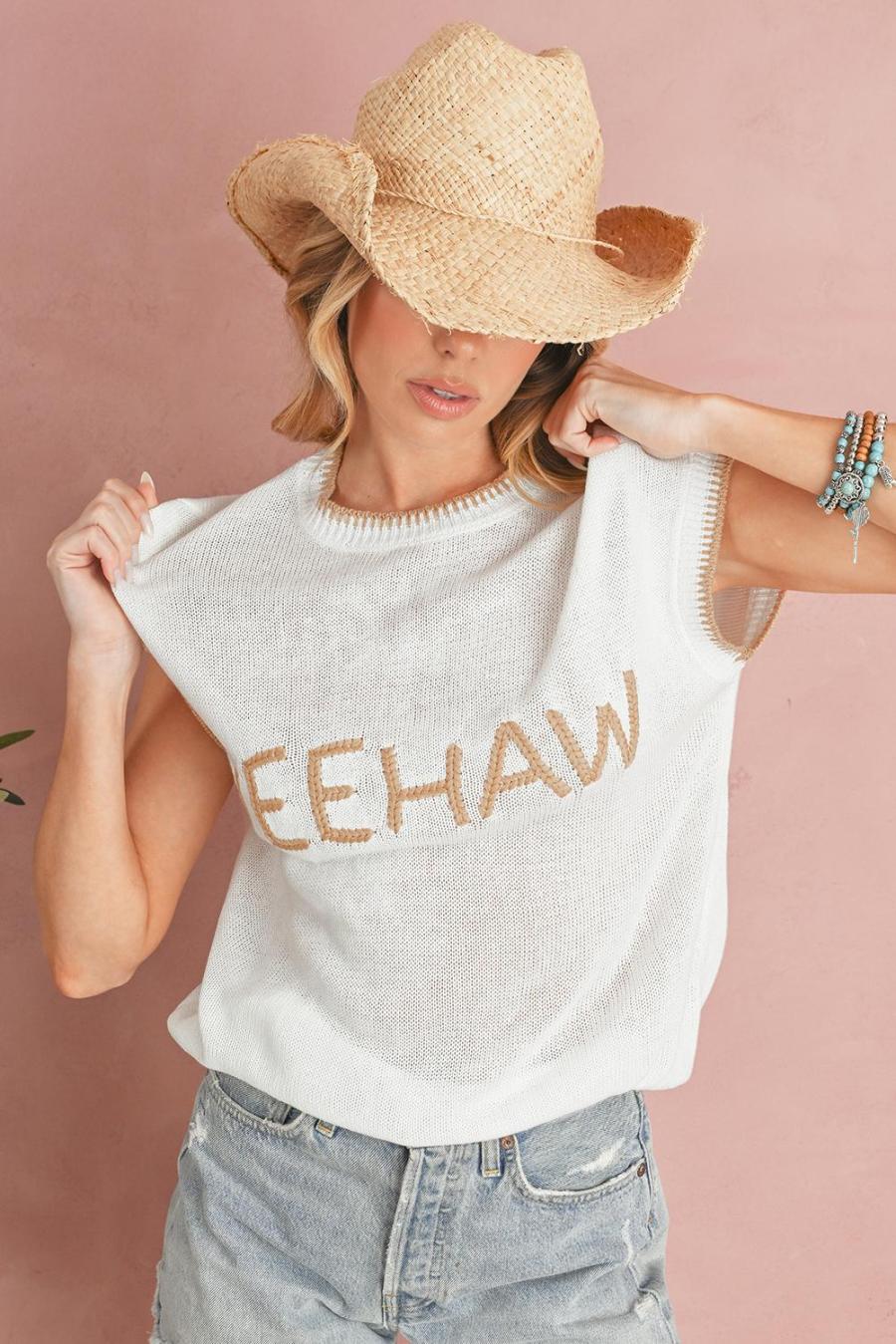 Women Knit Tops | White Yeehaw Contrast Stitch Edge Knit Top