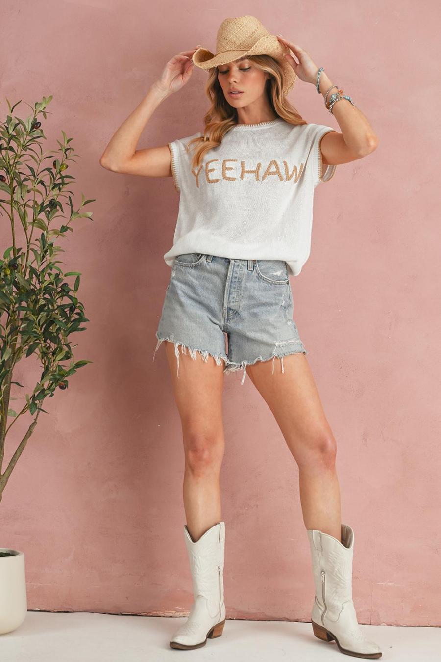 Women Knit Tops | White Yeehaw Contrast Stitch Edge Knit Top