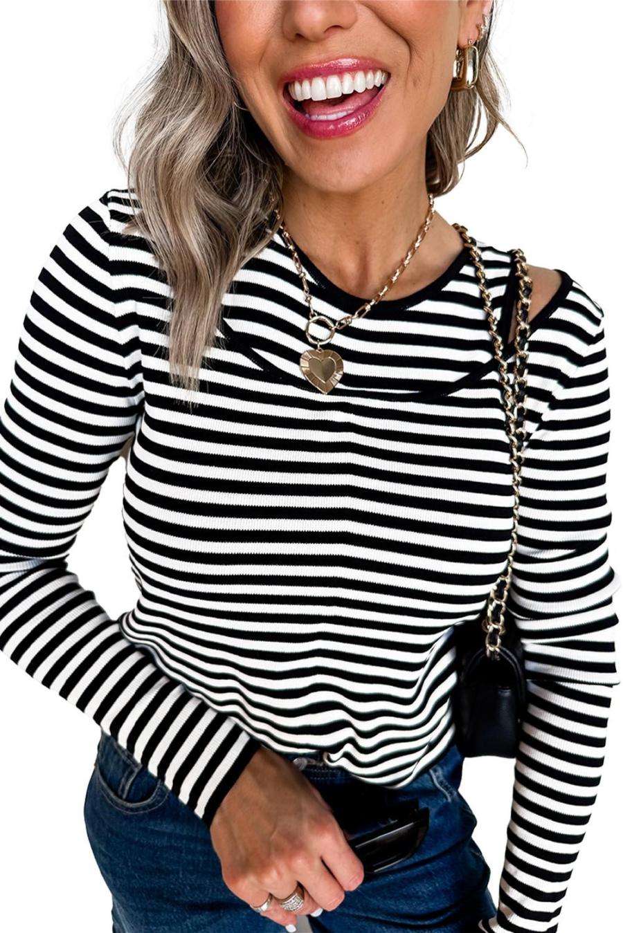 Women Long Sleeve Tops | Black Striped Cutout Long Sleeve Top