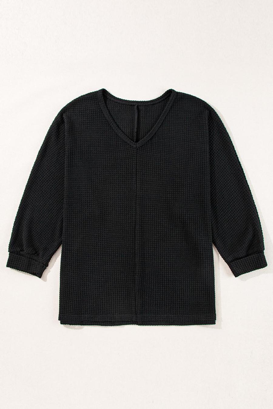 Women Long Sleeve Tops | Black Waffle Knit Side Slits Loose Fit V Neck Top