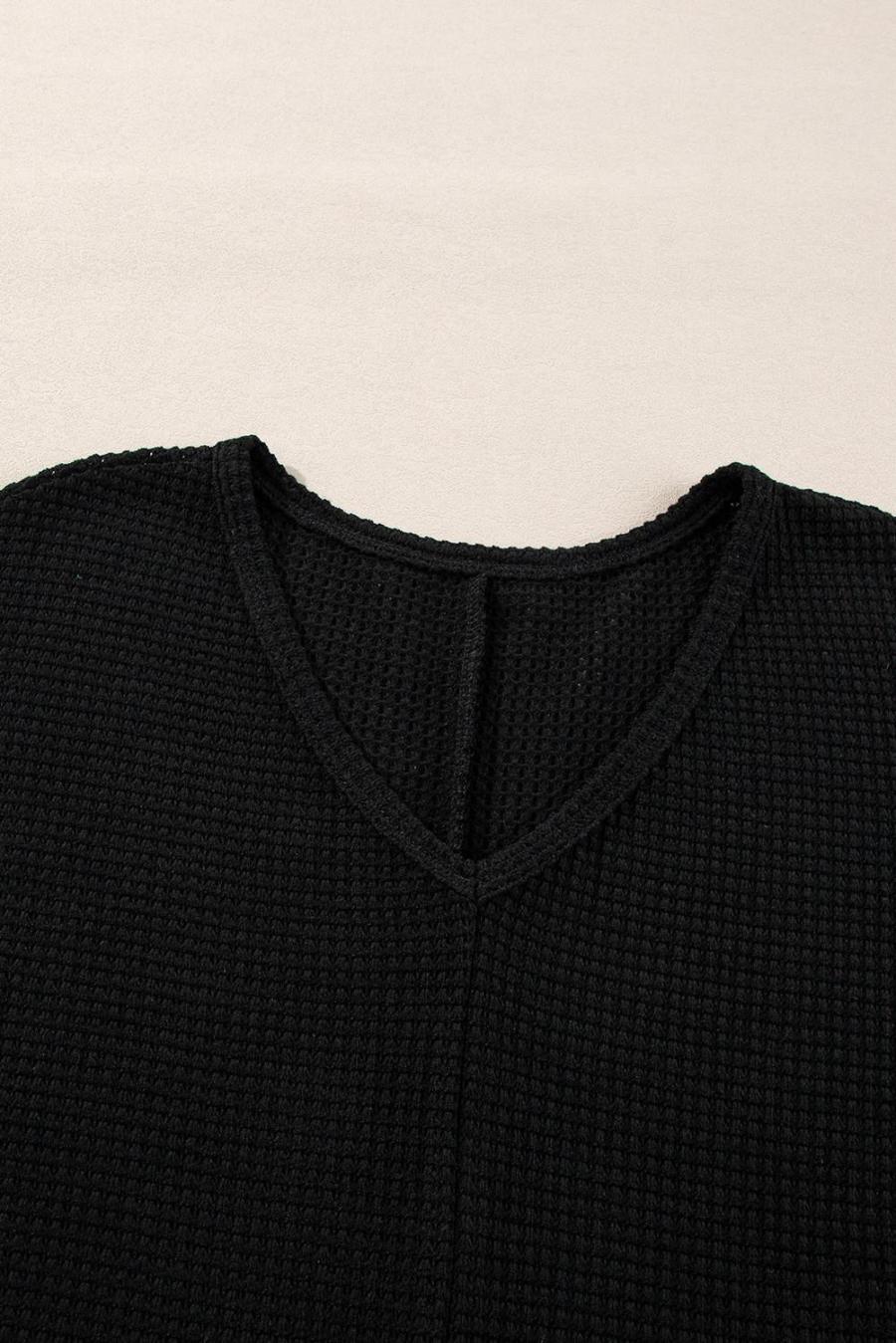 Women Long Sleeve Tops | Black Waffle Knit Side Slits Loose Fit V Neck Top
