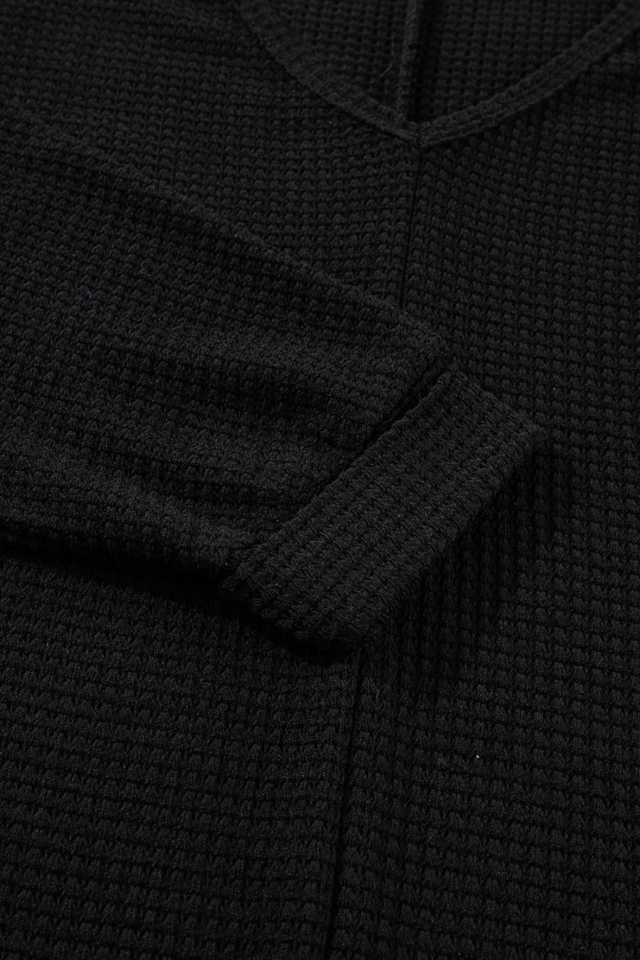Women Long Sleeve Tops | Black Waffle Knit Side Slits Loose Fit V Neck Top