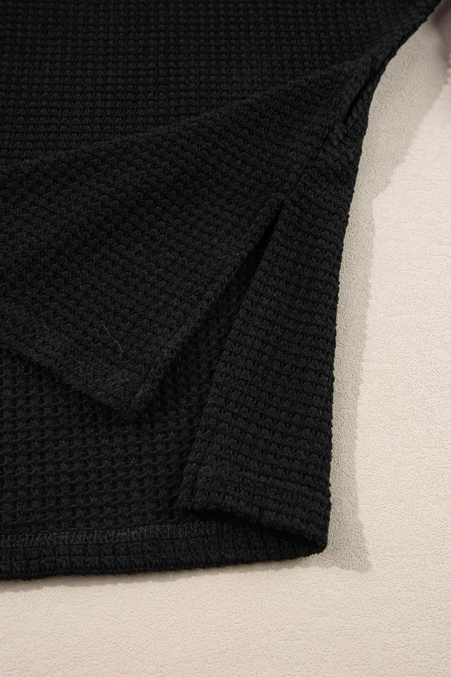 Women Long Sleeve Tops | Black Waffle Knit Side Slits Loose Fit V Neck Top