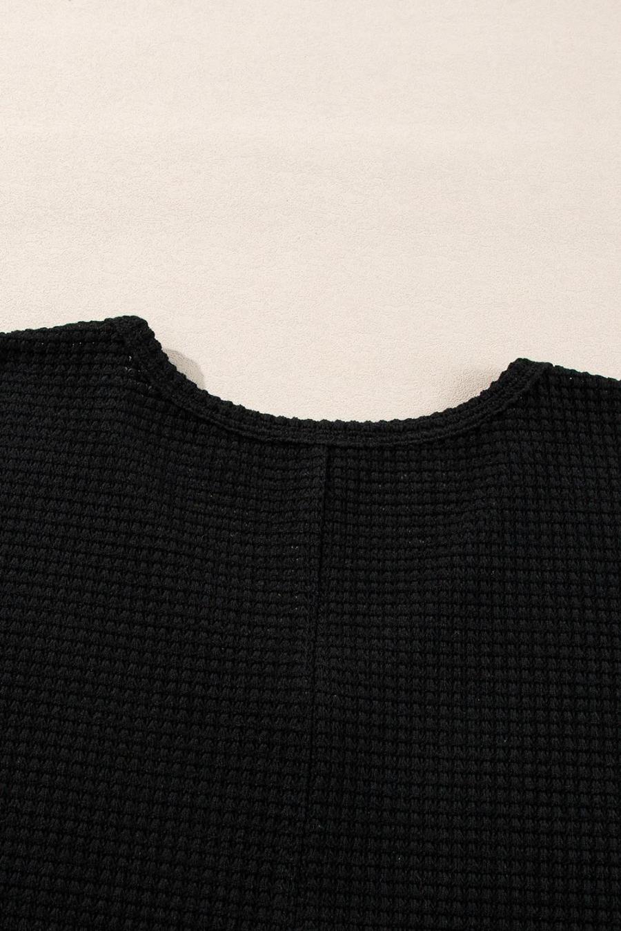 Women Long Sleeve Tops | Black Waffle Knit Side Slits Loose Fit V Neck Top