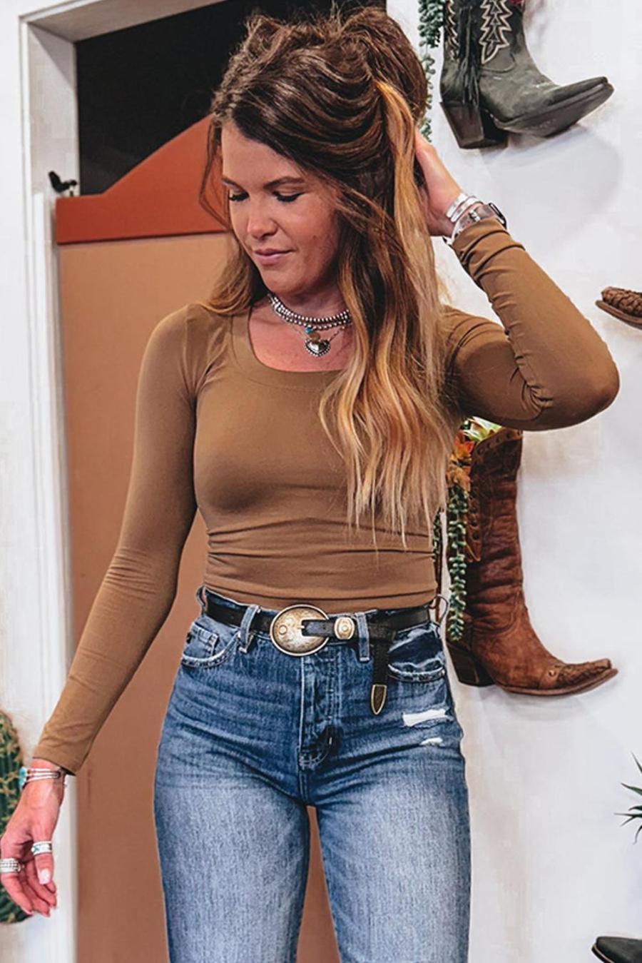 Women Long Sleeve Tops | Chestnut Solid Color Long Sleeve Slim Fit Top