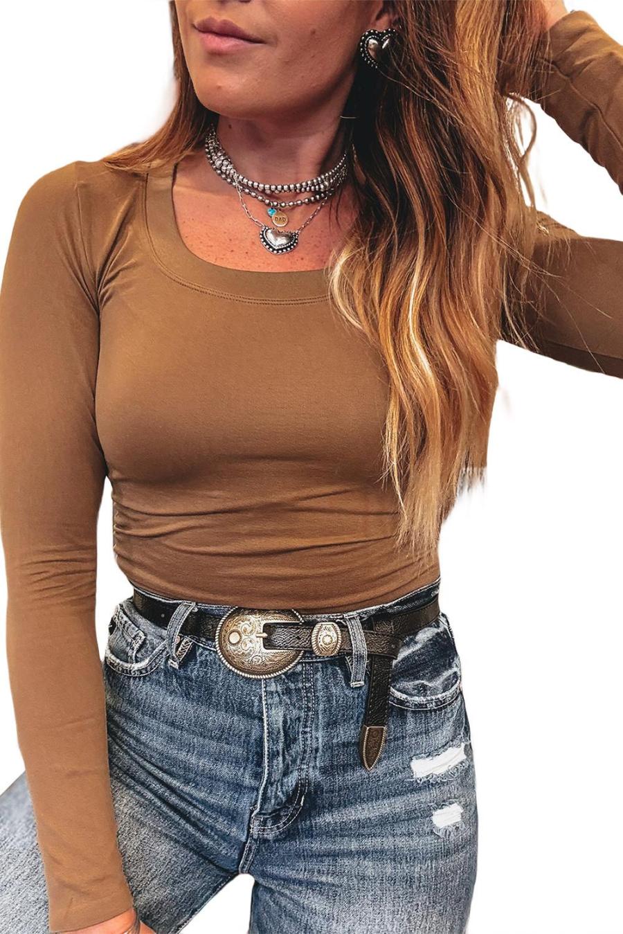 Women Long Sleeve Tops | Chestnut Solid Color Long Sleeve Slim Fit Top