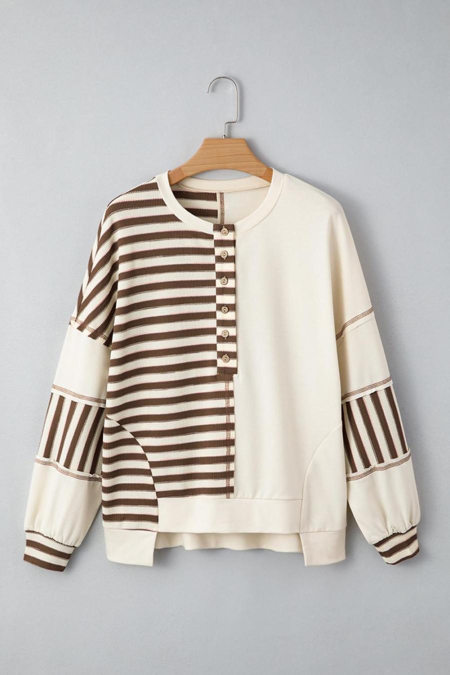 Women Long Sleeve Tops | Khaki Striped Patchwork Oversized Pullover Top
