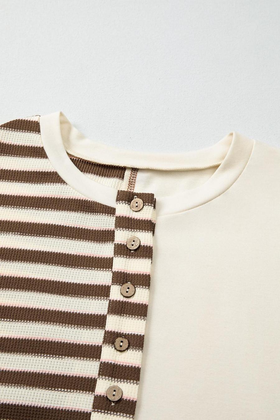 Women Long Sleeve Tops | Khaki Striped Patchwork Oversized Pullover Top