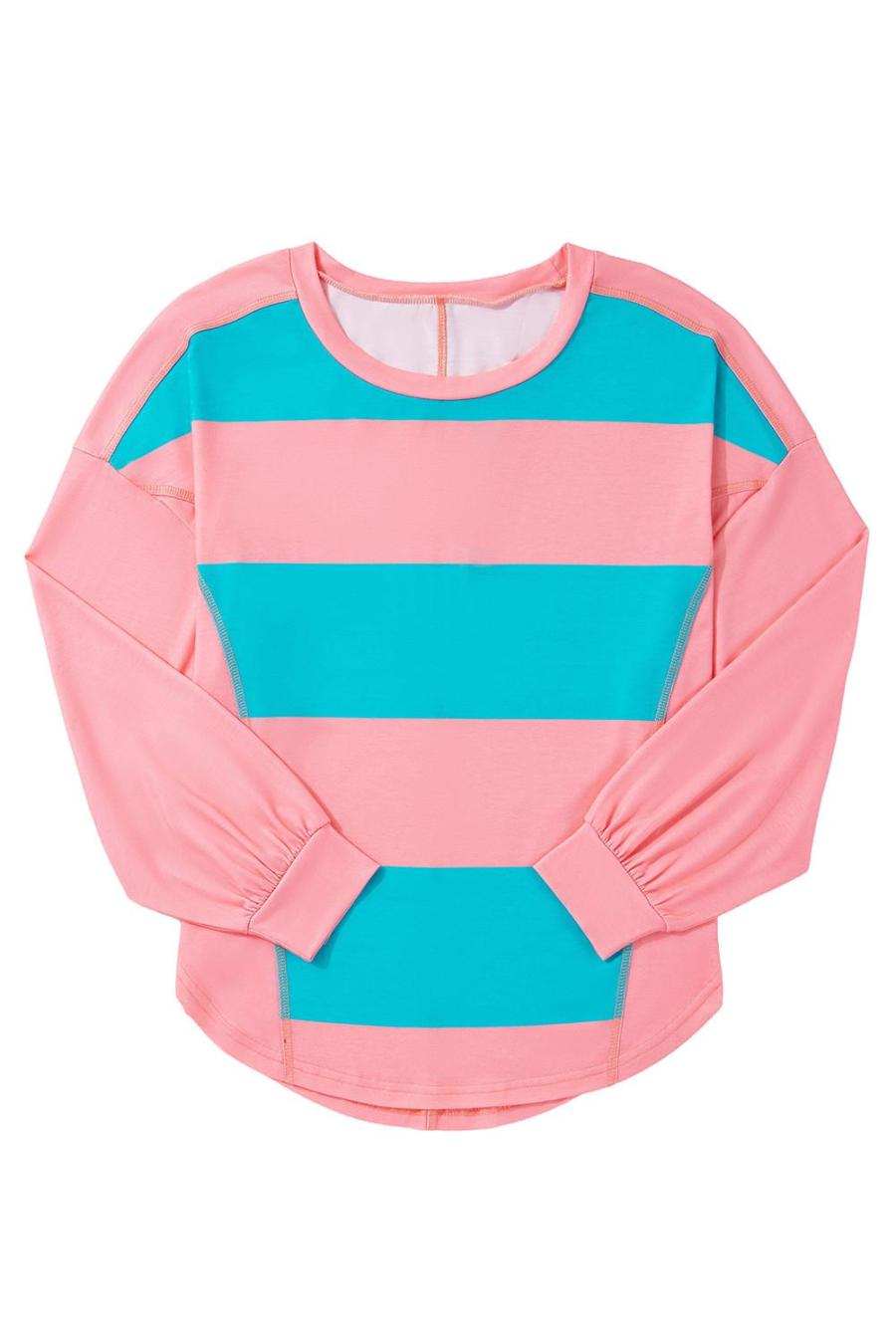 Women Long Sleeve Tops | Light Blue Colorblock Drop Sleeve Round Neck Top