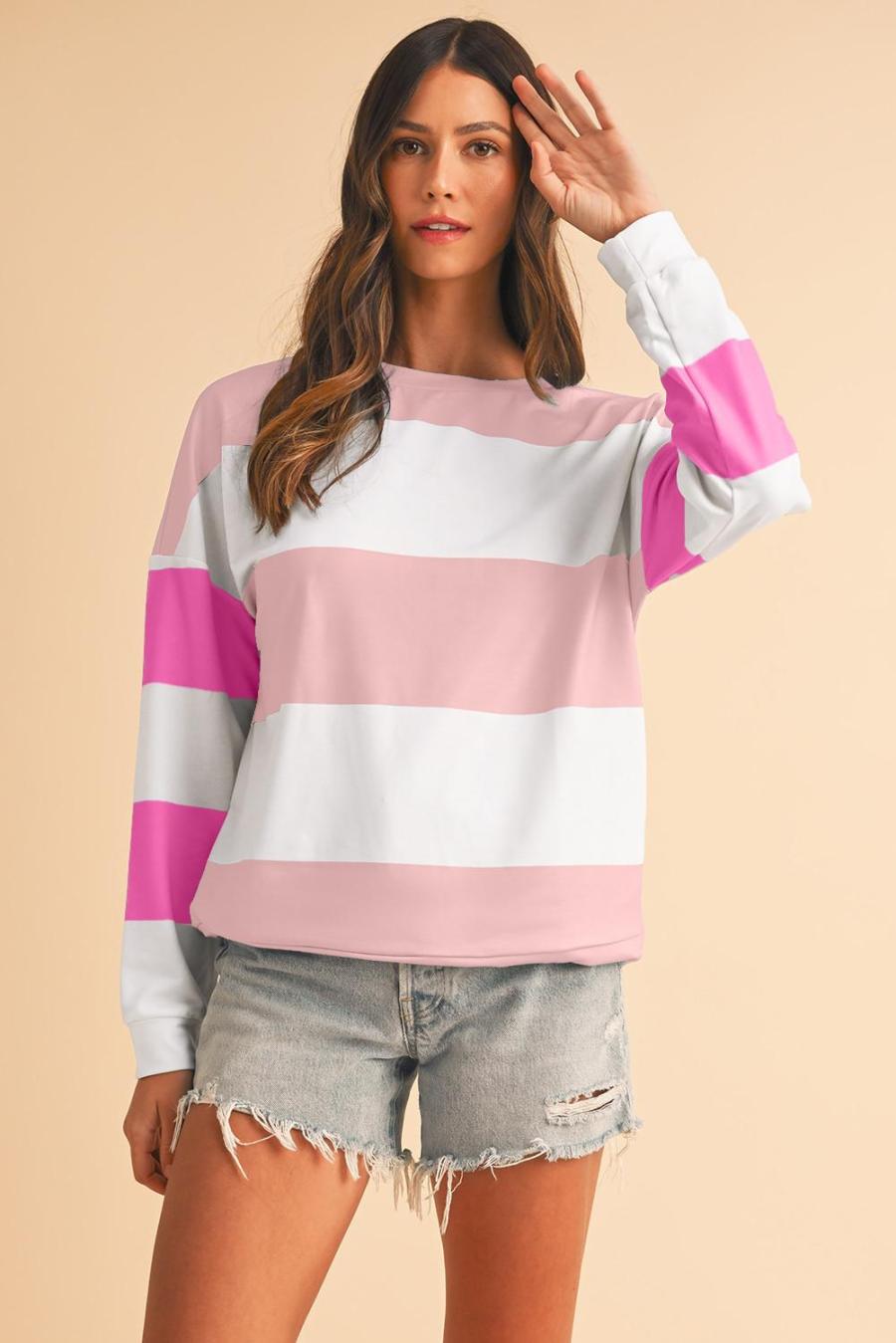 Women Long Sleeve Tops | Light Pink Colorblock Drop Sleeve Top
