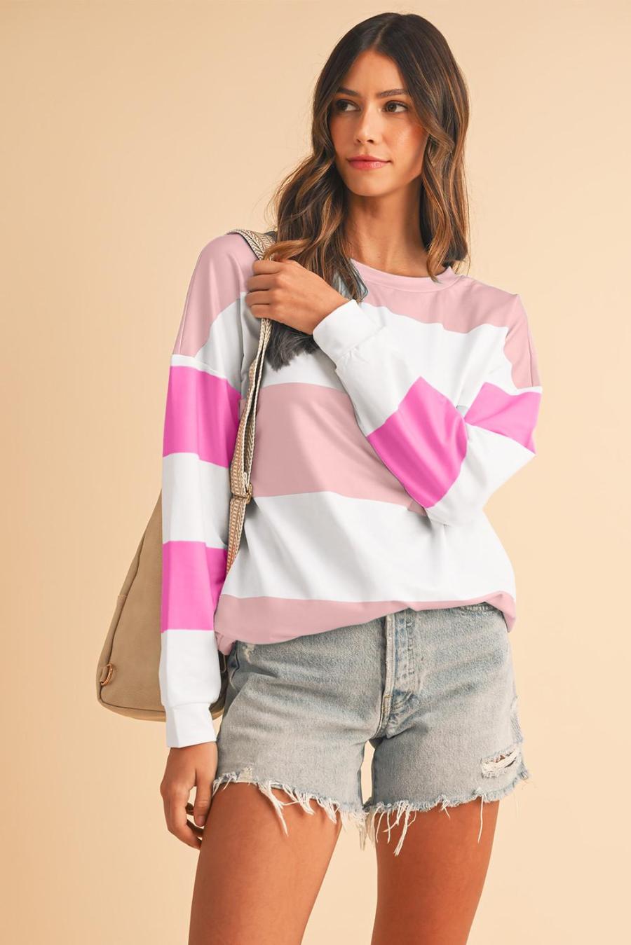 Women Long Sleeve Tops | Light Pink Colorblock Drop Sleeve Top